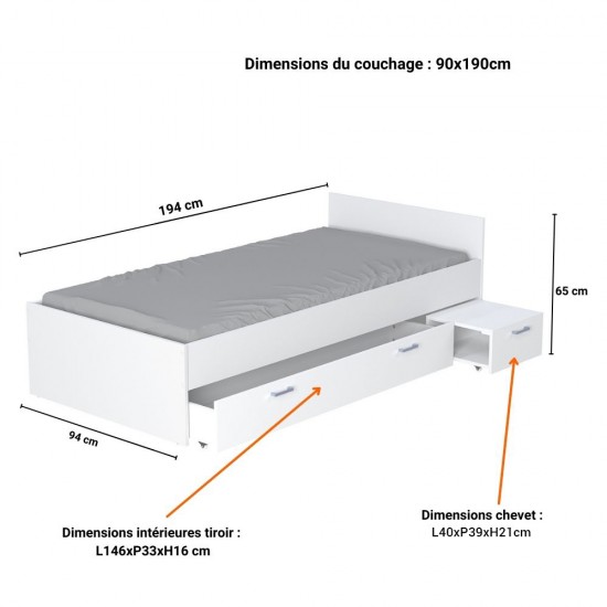 Weber Industries Lit TWIST 90x190 + Chevet + Tiroir / Blanc