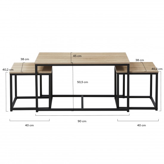 Weber Industries Lot De 3 Tables Basses Gigognes CALVI / Décor Chêne Blanchi Et Piètement Métal Noir