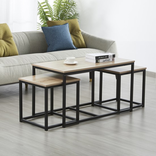 weber industries Lot de 3 tables basses gigognes CALVI / Décor Chêne blanchi et Piètement métal noir