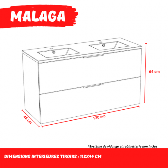 Weber Industries Meuble Sous-vasque 2 Tiroirs MALAGA 120 Cm + Vasque / Décor Chêne Blanchi