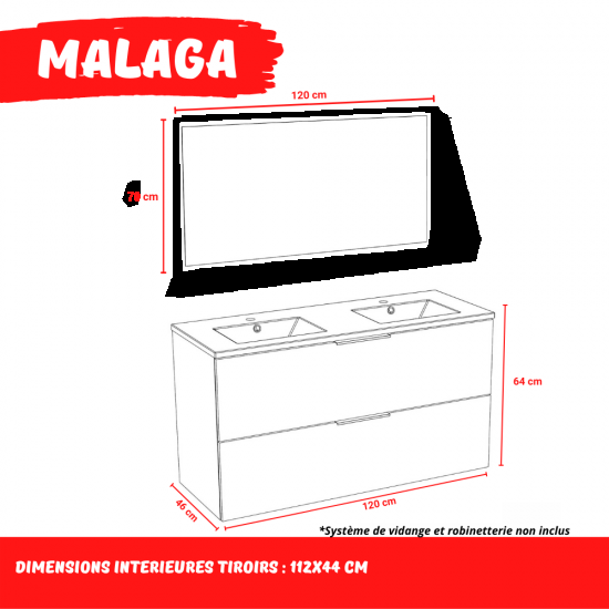 Weber Industries Meuble Sous-vasque 2 Tiroirs MALAGA 120 Cm + Vasque + Miroir / Décor Chêne Blanchi