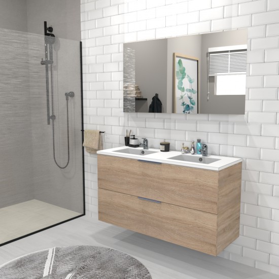 weber industries Meuble sous-vasque 2 tiroirs MALAGA 120 cm + vasque + miroir / Décor Chêne blanchi