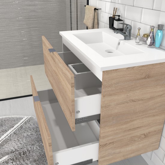 Weber Industries Meuble Sous-vasque 2 Tiroirs MALAGA 60 Cm + Vasque / Décor Chêne Blanchi