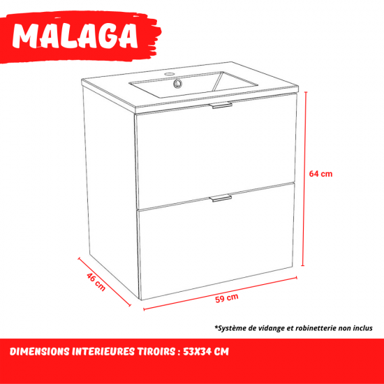 Weber Industries Meuble Sous-vasque 2 Tiroirs MALAGA 60 Cm + Vasque / Décor Chêne Blanchi