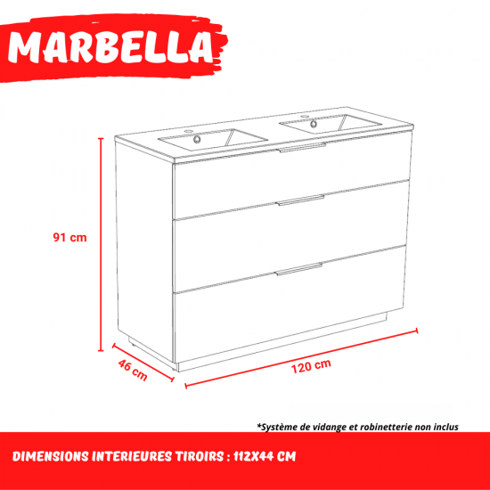 Weber Industries Meuble Sous-vasque 3 Tiroirs MARBELLA 120 Cm + Vasque / Décor Chêne Blanchi
