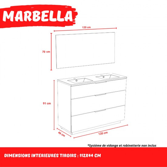 Weber Industries Meuble Sous-vasque 3 Tiroirs MARBELLA 120 Cm + Vasque + Miroir / Décor Chêne Blanchi