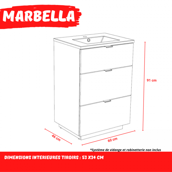 Weber Industries Meuble Sous-vasque 3 Tiroirs MARBELLA 60 Cm + Vasque / Blanc