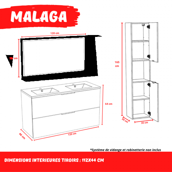 Weber Industries Meuble Sous-vasque MALAGA 120 Cm + Vasque + Miroir + Colonne / Blanc
