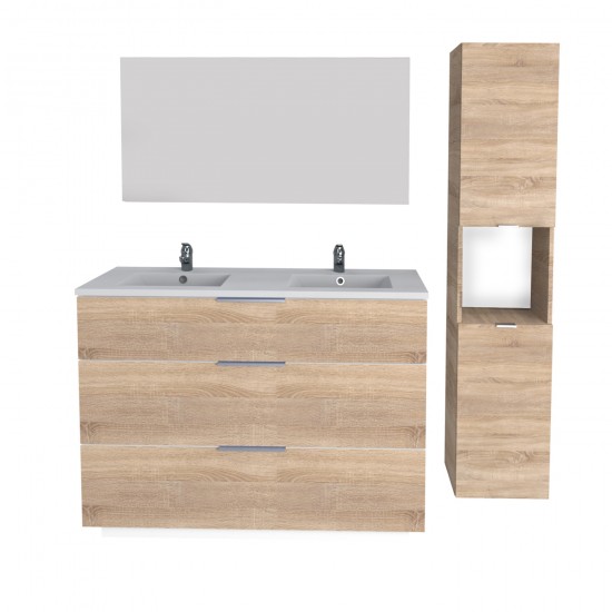 Weber Industries Meuble Sous-vasque MARBELLA 120 Cm + Vasque + Miroir + Colonne / Décor Chêne Blanchi