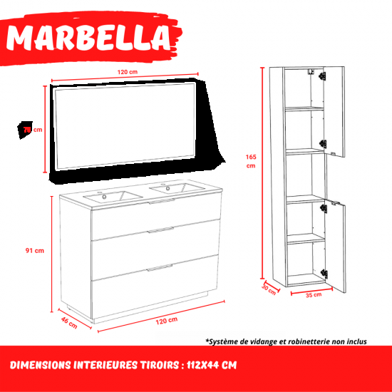 Weber Industries Meuble Sous-vasque MARBELLA 120 Cm + Vasque + Miroir + Colonne / Décor Chêne Blanchi