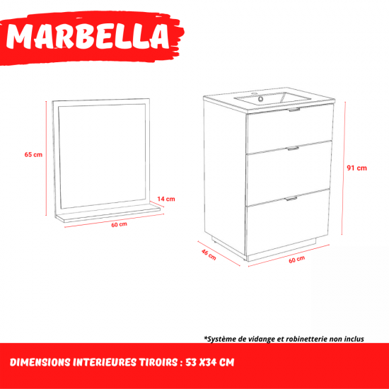 Weber Industries Meuble Sous-vasques 3 Tiroirs MARBELLA 60 Cm + Vasque + Miroir / Blanc