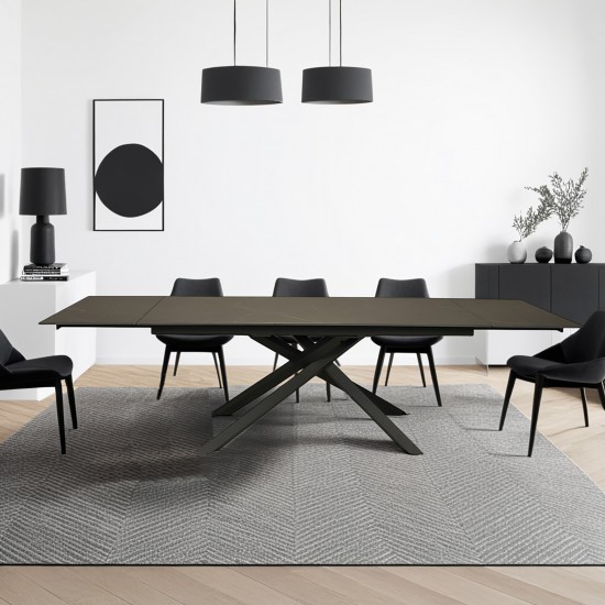 weber industries TABLE À MANGER EXTENSIBLE EN PIERRE OSIRIS / TABLE 180X90CM + 2 ALLONGES DE 50CM - 12 PERSONNES - NOIR EFFET MARBRE