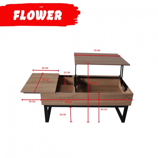 Weber Industries Table Basse Plateau Relevable FLOWER 110x55cm / Décor Chêne Blanchi Et Métal Noir