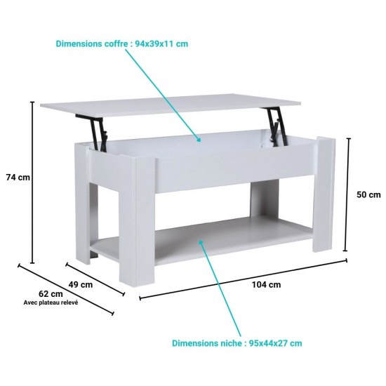 Weber Industries Table Basse Plateau Relevable UTAH 100x50cm / Blanc
