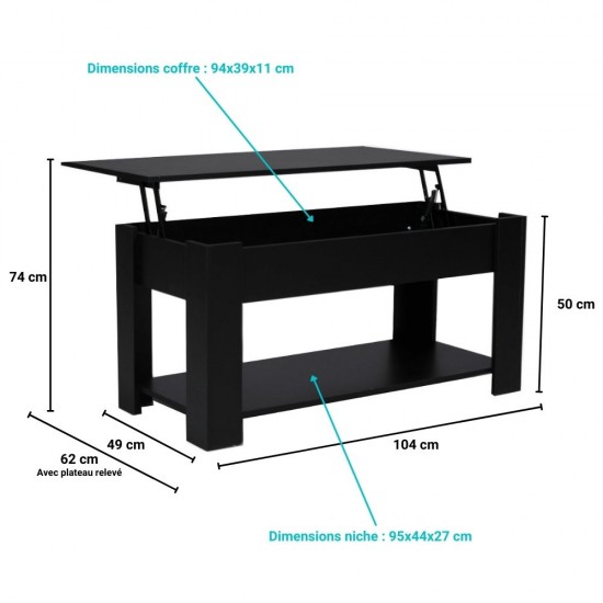 Weber Industries Table Basse Plateau Relevable UTAH 100x50cm / Noir
