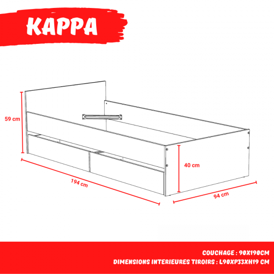 Weber Industries Lit KAPPA 90x190 + 2 Tiroirs / Blanc