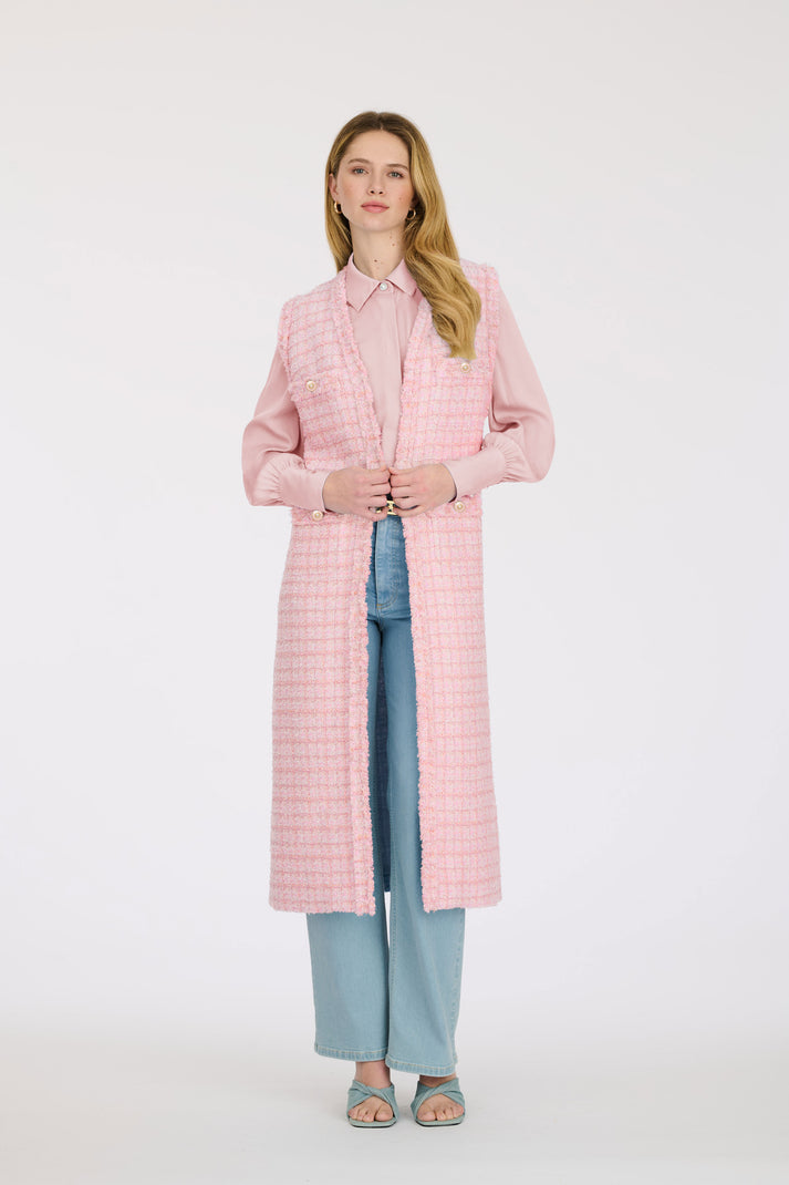 weill Veste longue sans manche en tweed frangé