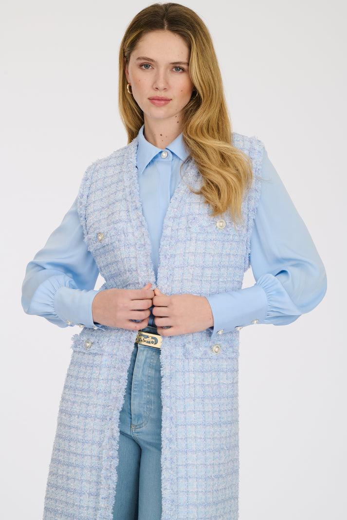 weill Veste longue sans manche en tweed frangé