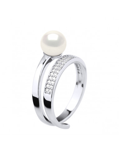 wk Bague Jonc Perle de Culture d'Eau Douce Ronde et Oxyde de Zirconium Argent 925 Millièmes - Ajustable de 48 à 62 Taille FR wk Bague Jonc Perle de Culture d'Eau Douce Ronde et Oxyde de Zirconium Argent 925 Millièmes - Ajustable de 48 à 62 Taille FR