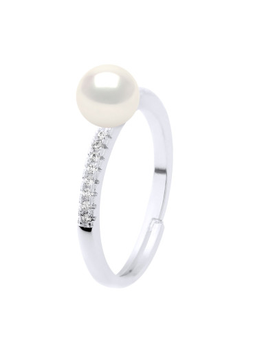 wk Bague Perle de Culture d'Eau Douce Bouton et Oxyde de Zirconium Argent 925 Millièmes - Ajustable de 48 à 62 Taille FR