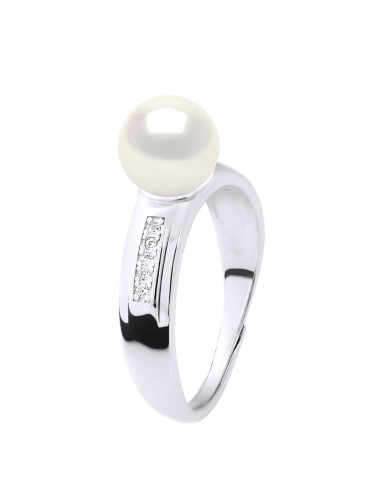 wk Bague Perle de Culture d'Eau Douce Bouton et Oxyde de Zirconium Argent 925 Millièmes - Ajustable de 48 à 62 Taille FR