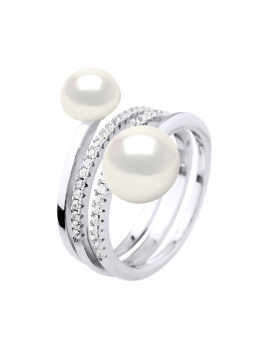 wk Bague Perle de Culture d'Eau Douce Bouton et Oxyde de Zirconium Argent 925 Millièmes - Ajustable de 48 à 62 Taille FR