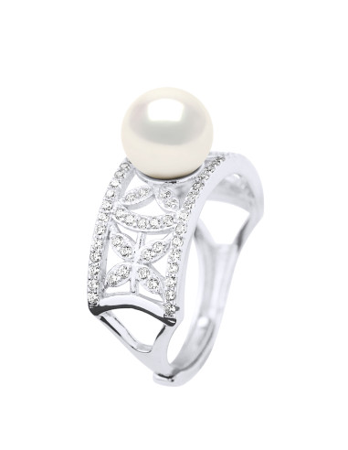 wk Bague Perle de Culture d'Eau Douce Ronde Argent 925 Millièmes et Oxyde de Zirconium - Ajustable de 48 à 62 Taille FR