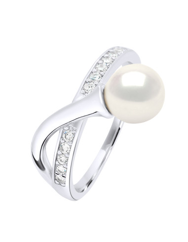 wk Bague Perle de Culture d'Eau Douce Ronde et Oxyde de Zirconium Argent 925 Millièmes - Ajustable de 48 à 62 Taille FR