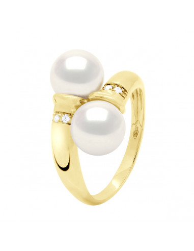 wk Bague Perles de Culture d'Eau Douce Rondes Or 375 Millièmes - Diamant HSI 1.50 Cts