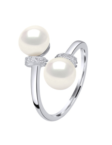 wk Bague Toi et Moi Perle de Culture d'Eau Douce Bouton et Oxyde de Zirconium Argent 925 Millièmes