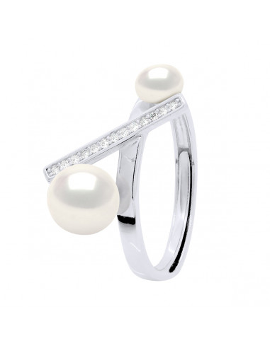 wk Bague Toi et Moi Perle de Culture d'Eau Douce Bouton Argent 925 Millièmes - Ajustable de 48 à 62 Taille FR