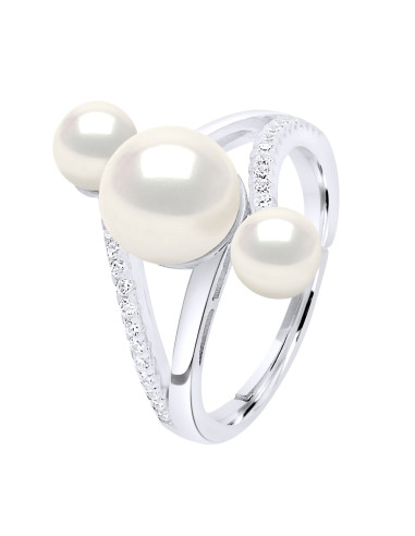 wk Bague Toi et Moi Perle de Culture d'Eau Douce Bouton et Oxyde de Zirconium Argent 925 Millièmes