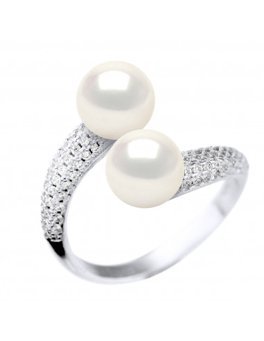 wk Bague Toi et Moi Perle de Culture d'Eau Douce Ronde et Oxyde de Zirconium Argent 925 Millièmes