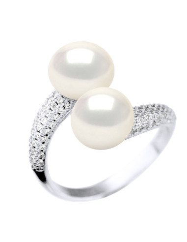 wk Bague Toi et Moi Perle de Culture d'Eau Douce Ronde et Oxyde de Zirconium Argent 925 Millièmes