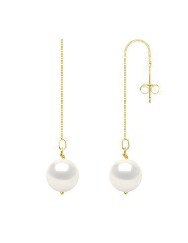 wk Boucles d'Oreilles Perle de Culture d'Eau Douce Ronde 9-10 mm Blanc Naturel Or 750 Millièmes Système Poussettes
