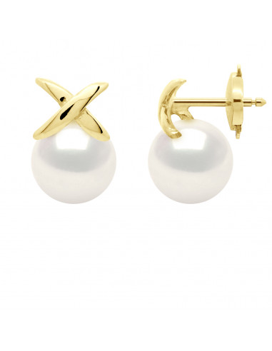 wk Boucles d'Oreilles Perle de Culture d'Eau Douce Ronde 8-9 mm Or 375 Millièmes