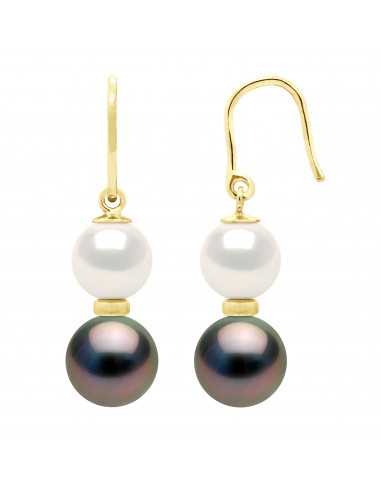 wk Boucles d'Oreilles Perles de Culture d'Eau Douce et de Tahiti Ronde 8-9 mm Or 750 Millièmes Système Crochet