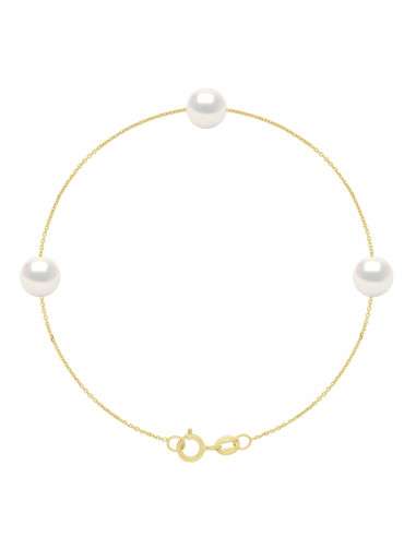 wk Bracelet 3 Perles de Culture d'Eau Douce Rondes 7-8 mm Chaîne Forçat Diamantée Petit Modèle Or 375 Millièmes