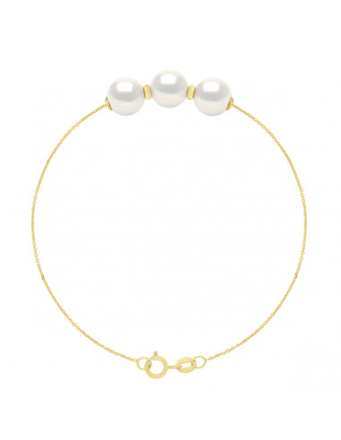 wk Bracelet 3 Perles de Culture d'Eau Douce Rondes 8-9 mm Chaîne Forçat Diamantée Petit Modèle Or 375 Millièmes