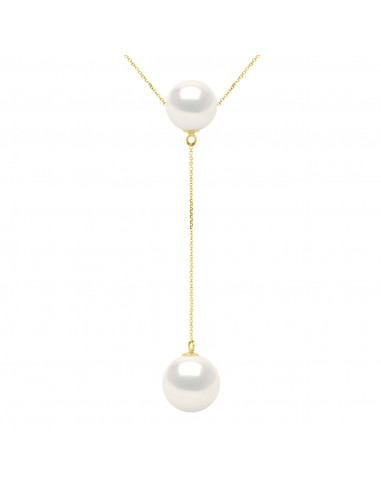 wk Collier 2 Perles de Culture d'Eau Douce Rondes 8-9 mm et 9-10 mm Chaîne Forçat Diamantée Petit Modèle Or 375 Millièmes