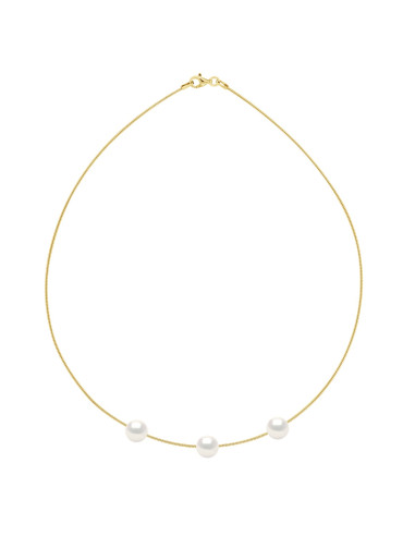 wk Collier 3 Perles de Culture d'Eau Douce Rondes 9-10 mm Câble Or 375 Millièmes