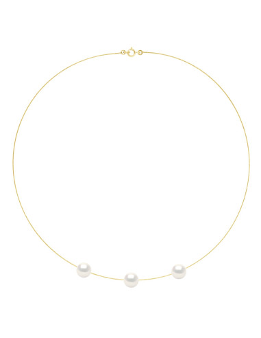 wk Collier 3 Perles de Culture d'Eau Douce Rondes - Câble Or 375 Millièmes
