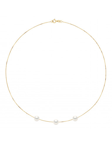 wk Collier 3 Perles de Culture d'Eau Douce Rondes - Chaîne Forçat Diamantée Petit Modèle Or 375 Millièmes
