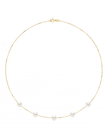 wk Collier 5 Perles de Culture d'Eau Douce Ronde - Chaîne Forçat Diamantée Petit Modèle Or 375 Millièmes