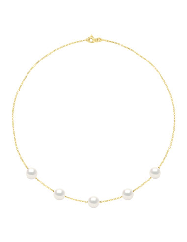 wk Collier 5 Perles de Culture d'Eau Douce Rondes 8-9 mm Câble Or 375 Millièmes