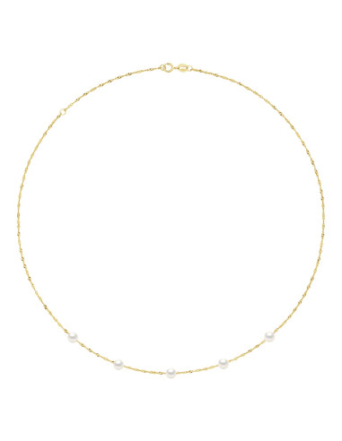 wk Collier 5 Perles de Culture d'Eau Douce Rondes - Chaîne Singapour Torsadée Or 375 Millièmes