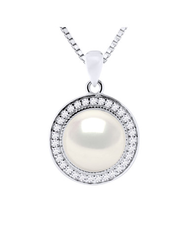 wk Collier Véritable Perle de Culture d'Eau Douce Bouton 9-10 mm Chaîne Vénitienne Argent 925 Millièmes - 42 cm