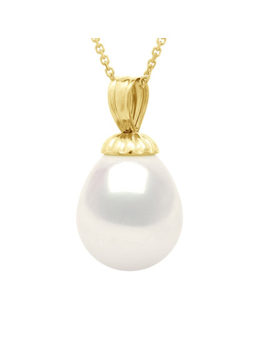 wk Pendentif Bélière Godronnée Or 750/1000èmes et Véritable Perle de Culture d'Eau Douce Poire