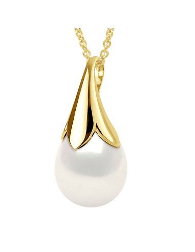 wk Pendentif Bélière Tulipe Or 750/1000èmes et Véritable Perle de Culture d'Eau Douce Poire BLANCHE