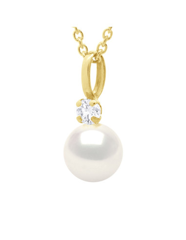 wk Pendentif Bélière Zircon Or Jaune 750 Millièmes et Véritable Perle de Culture d'Eau Douce Blanche et Ronde 7-8 mm
